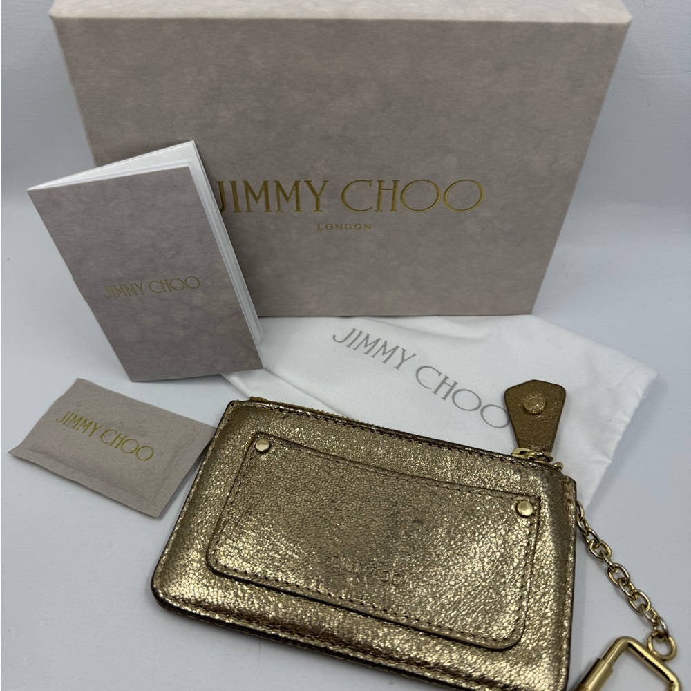 Jimmy Choo Leather Key cles Neptune Star Studs Metallic Gold Zipper Coin 19439 - Picture 5 of 5